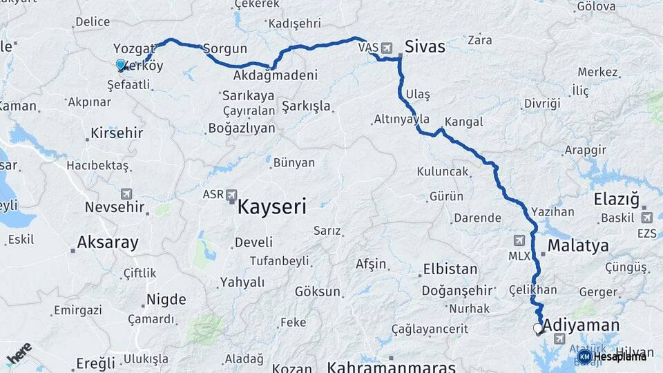 Yozgat Yerköy Adıyaman Arası Kaç Km - Yol Haritası