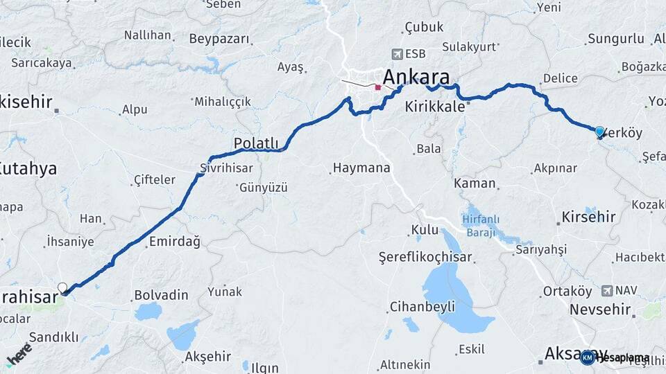 Yozgat Yerköy Afyonkarahisar Arası Kaç Km - Yol Haritası