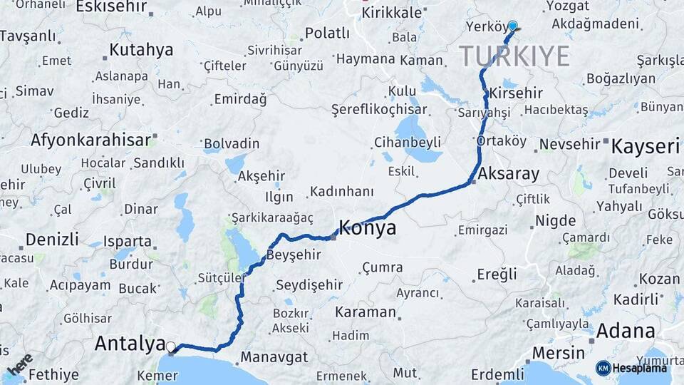 Yozgat Yerköy Antalya Arası Kaç Km - Yol Haritası