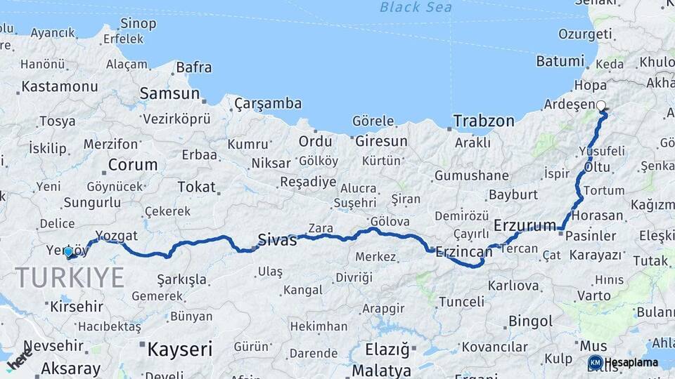 Yozgat Yerköy Artvin Arası Kaç Km - Yol Haritası
