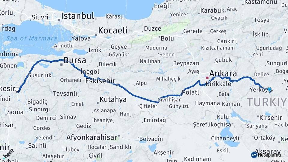 Yozgat Yerköy Balıkesir Arası Kaç Km - Yol Haritası