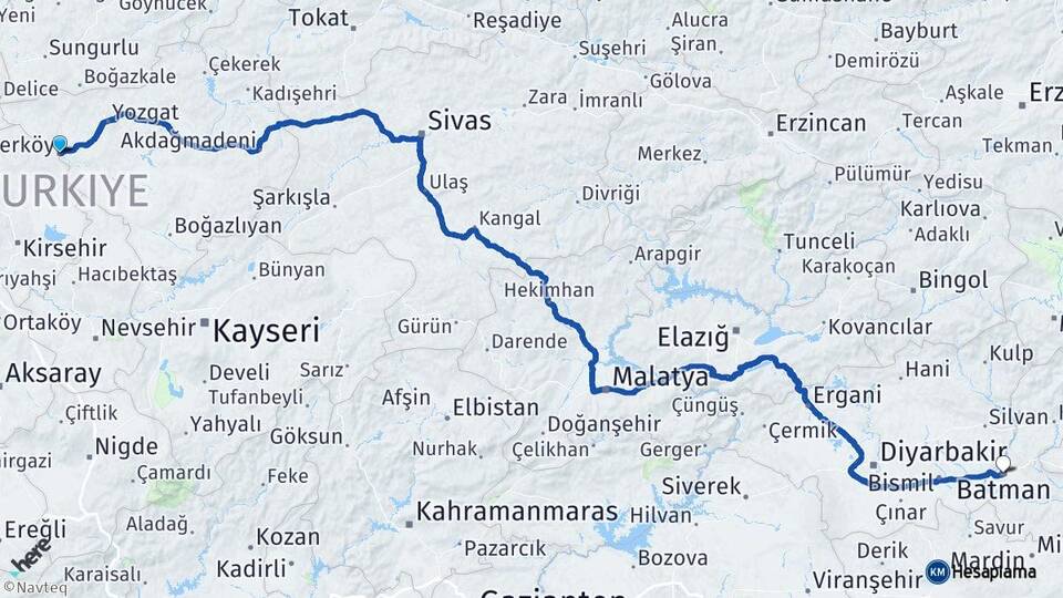Yozgat Yerköy Batman Arası Kaç Km - Yol Haritası