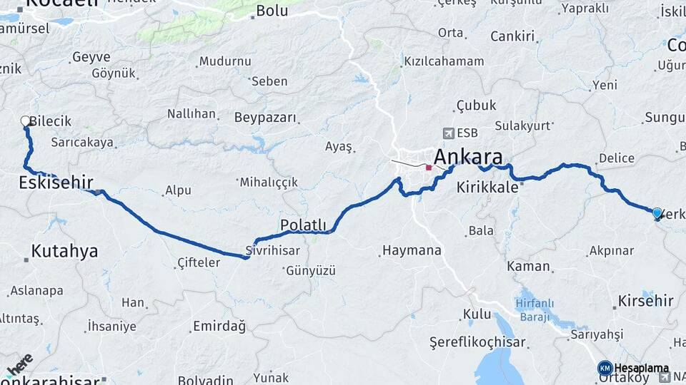 Yozgat Yerköy Bilecik Arası Kaç Km - Yol Haritası