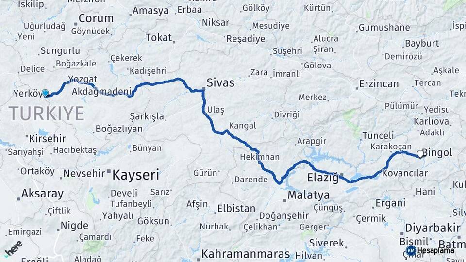 Yozgat Yerköy Bingöl Arası Kaç Km - Yol Haritası