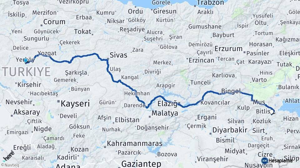 Yozgat Yerköy Bitlis Arası Kaç Km - Yol Haritası