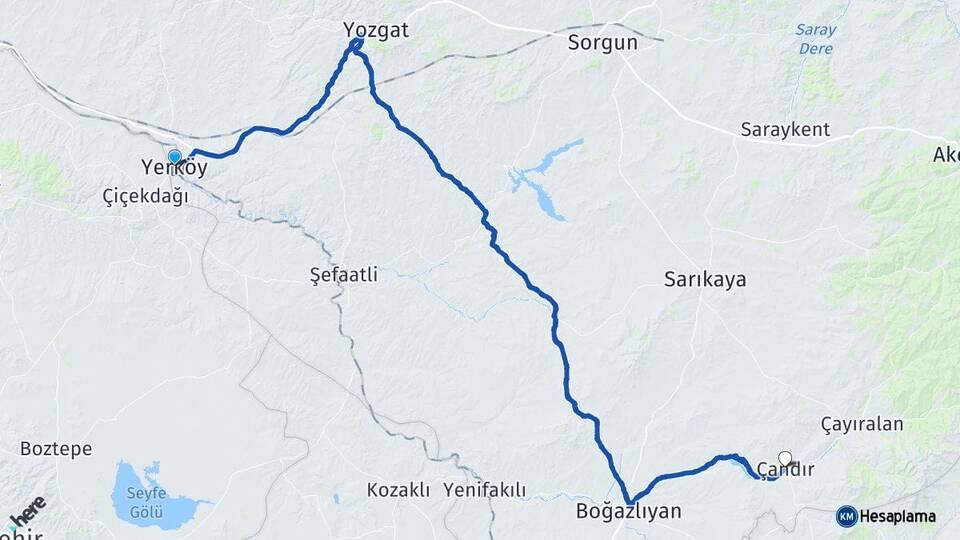 Yozgat Yerköy Çandır Arası Kaç Km - Yol Haritası
