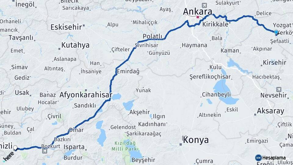 Yozgat Yerköy Denizli Arası Kaç Km - Yol Haritası