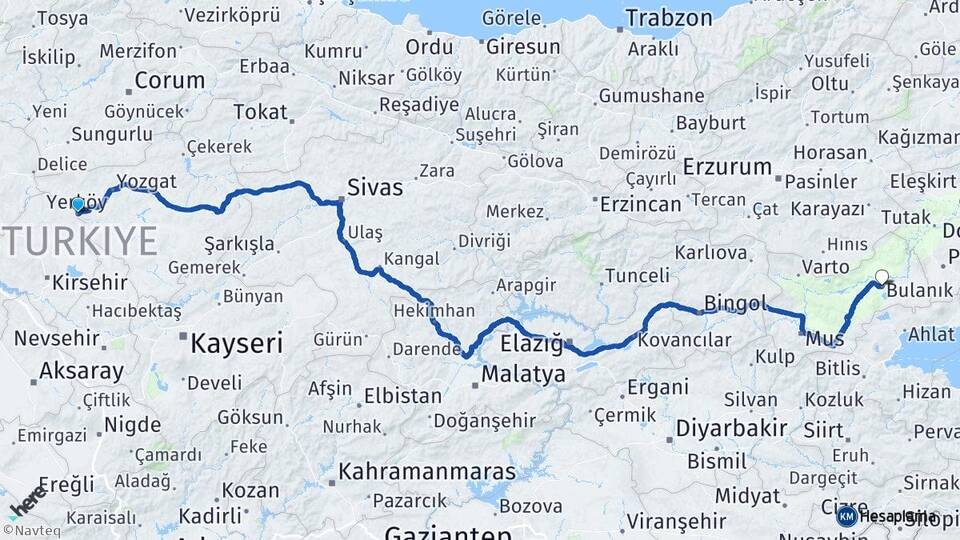Yozgat Yerköy Divanlı Arası Kaç Km - Yol Haritası