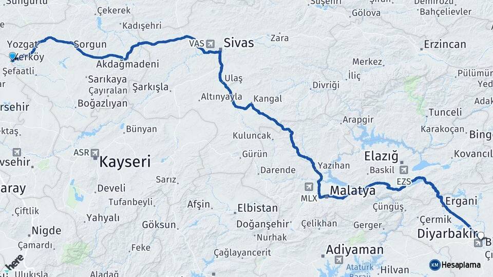 Yozgat Yerköy Diyarbakır Arası Kaç Km - Yol Haritası