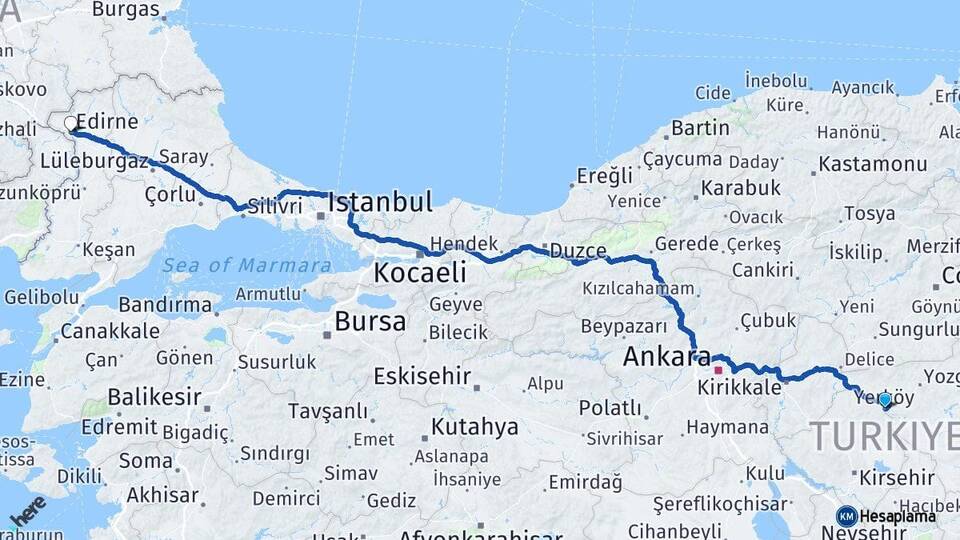 Yozgat Yerköy Edirne Arası Kaç Km - Yol Haritası