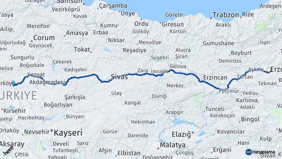 Yozgat Yerköy Erzurum Arası Kaç Km - Yol Haritası