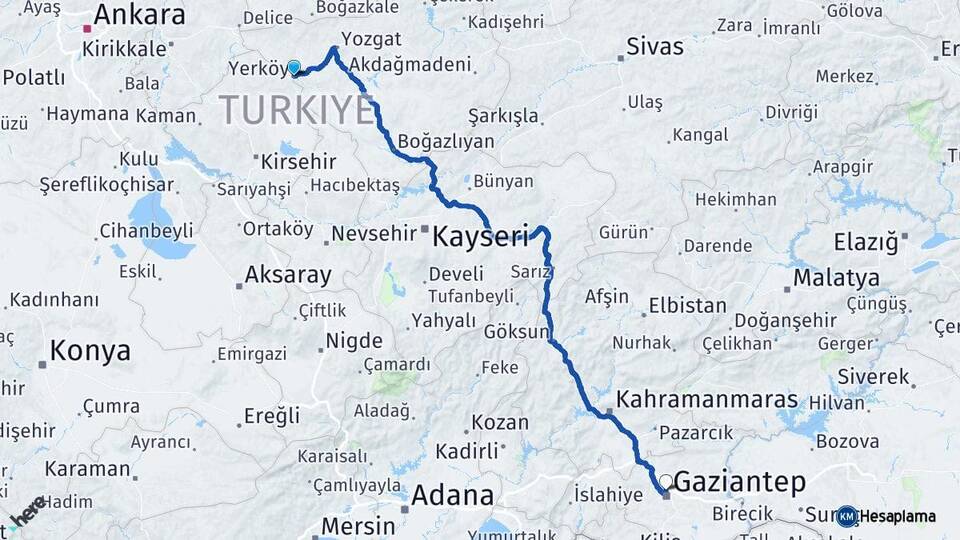 Yozgat Yerköy Gaziantep Arası Kaç Km - Yol Haritası