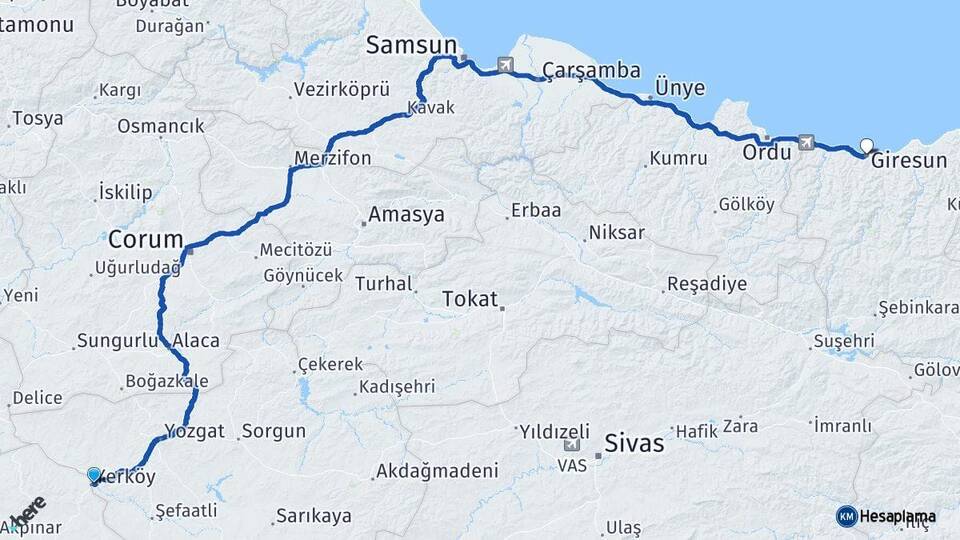 Yozgat Yerköy Giresun Arası Kaç Km - Yol Haritası