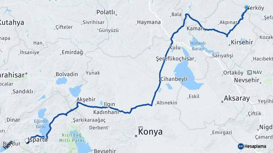 Yozgat Yerköy Isparta Arası Kaç Km - Yol Haritası