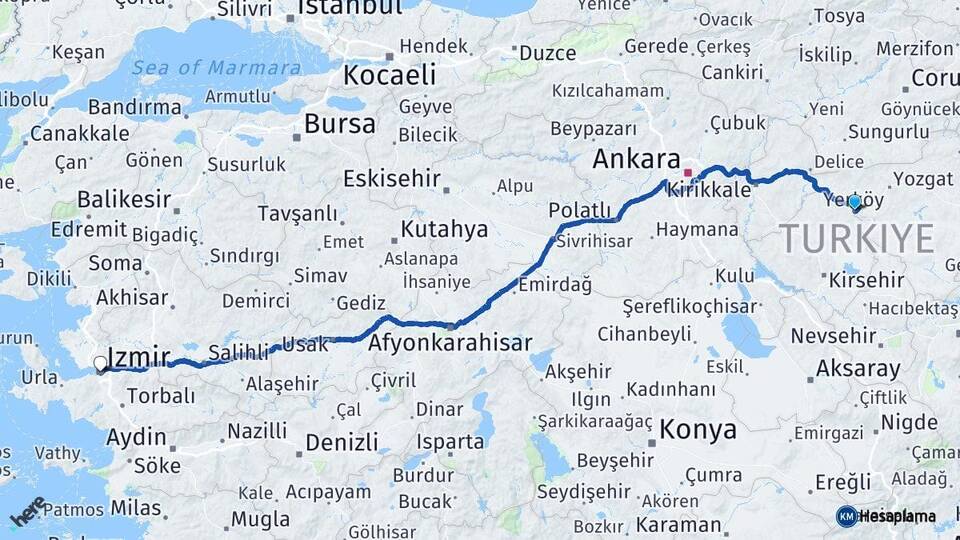 Yozgat Yerköy İzmir Arası Kaç Km - Yol Haritası