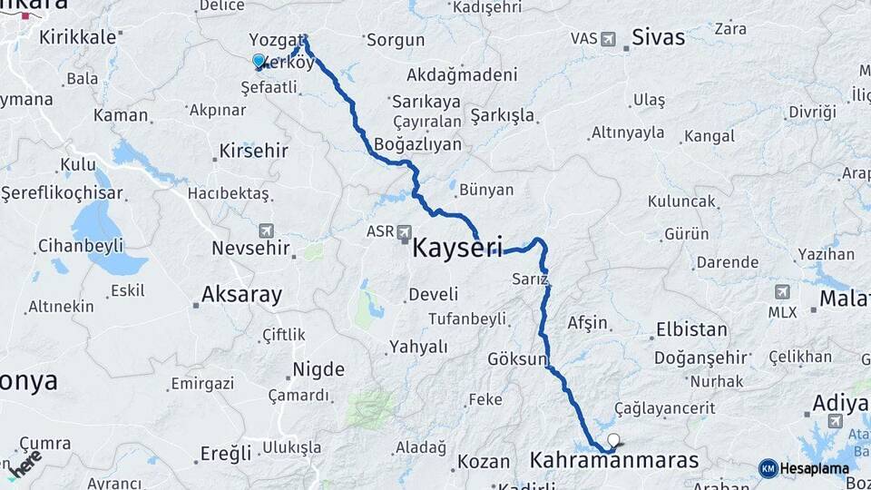 Yozgat Yerköy Kahramanmaraş Arası Kaç Km - Yol Haritası