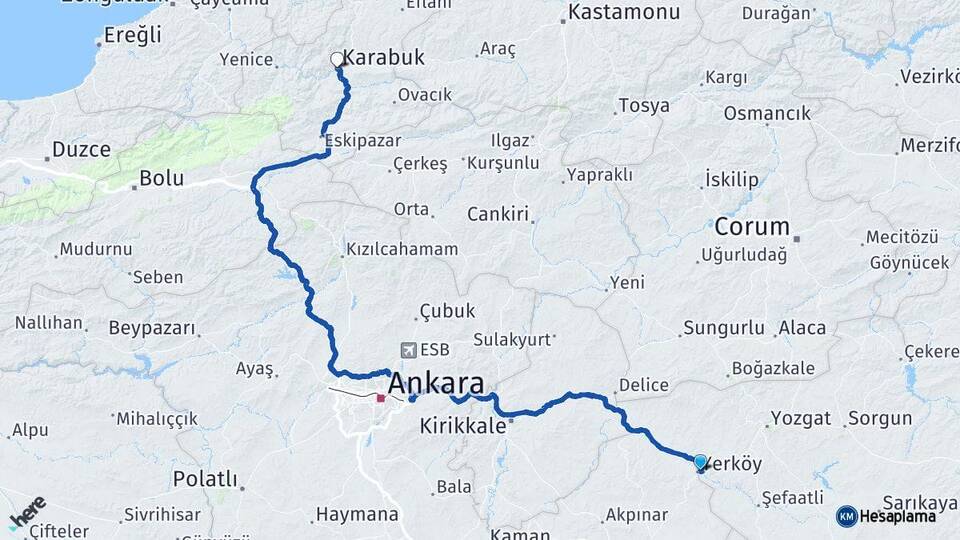 Yozgat Yerköy Karabük Arası Kaç Km - Yol Haritası