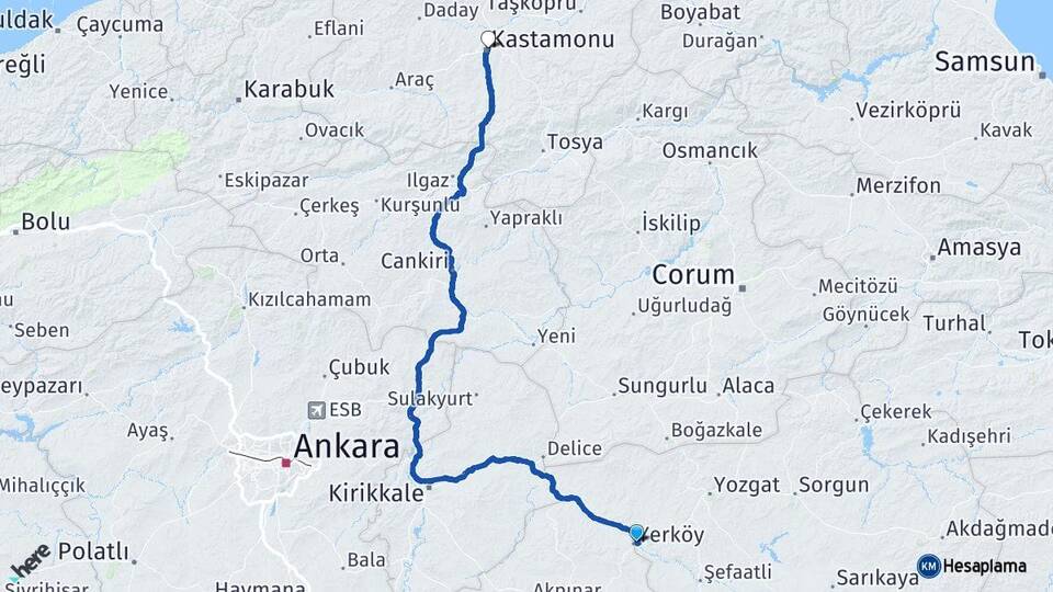 Yozgat Yerköy Kastamonu Arası Kaç Km - Yol Haritası