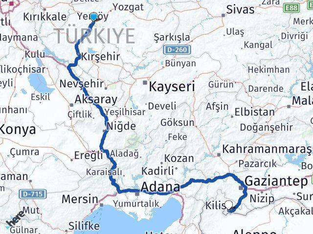 Yozgat Yerköy Kilis Arası Kaç Km - Yol Haritası