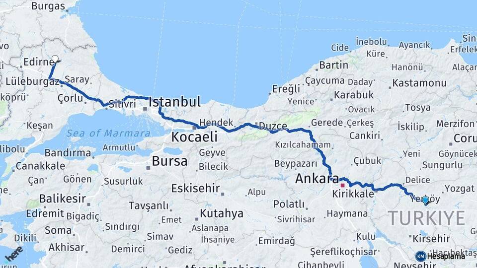 Yozgat Yerköy Kırklareli Arası Kaç Km - Yol Haritası