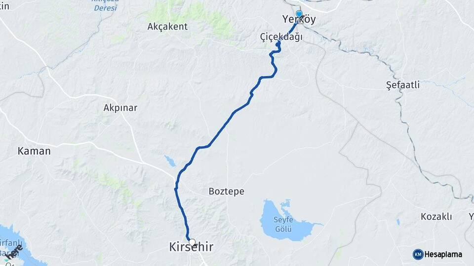 Yozgat Yerköy Kırşehir Arası Kaç Km - Yol Haritası