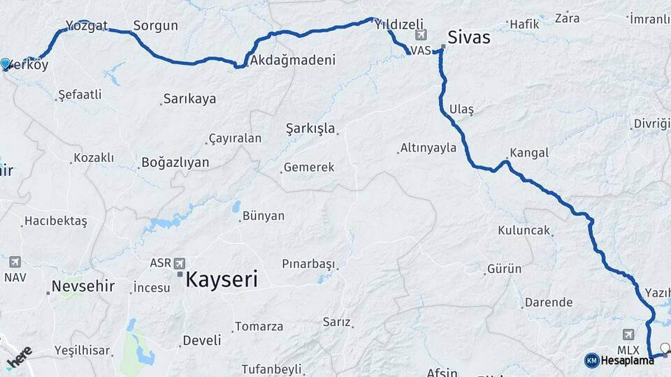 Yozgat Yerköy Malatya Arası Kaç Km - Yol Haritası
