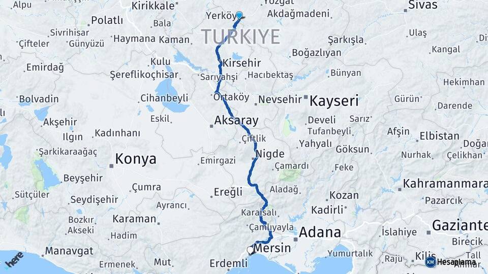 Yozgat Yerköy Mersin Arası Kaç Km - Yol Haritası