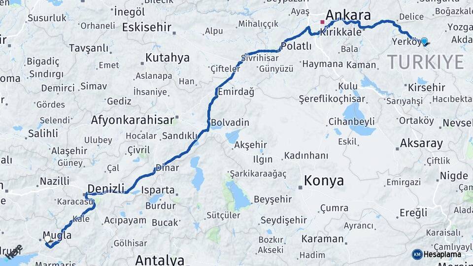 Yozgat Yerköy Muğla Arası Kaç Km - Yol Haritası