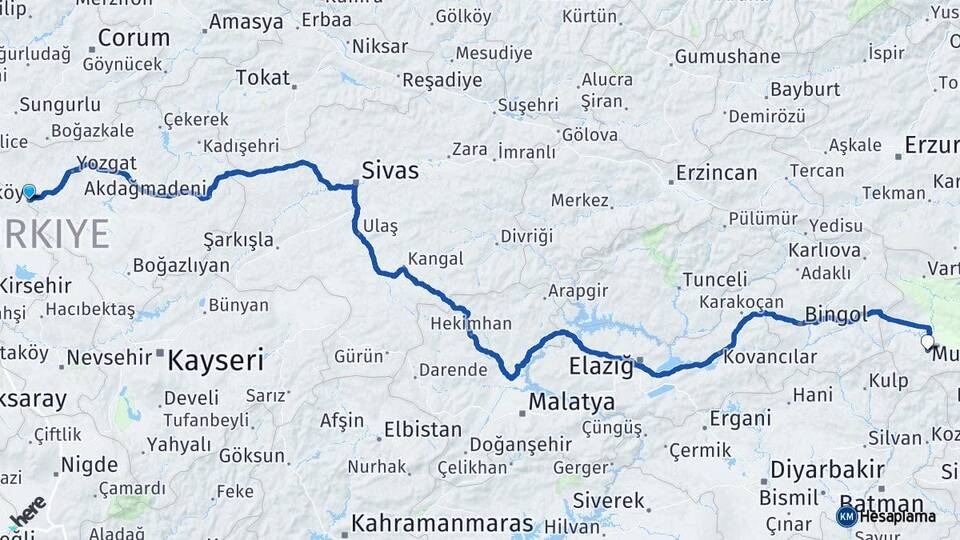 Yozgat Yerköy Muş Arası Kaç Km - Yol Haritası