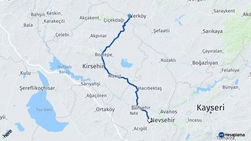 Yozgat Yerköy Nevşehir Arası Kaç Km - Yol Haritası