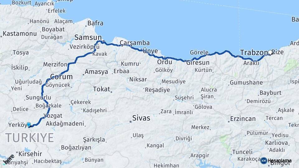 Yozgat Yerköy Rize Arası Kaç Km - Yol Haritası