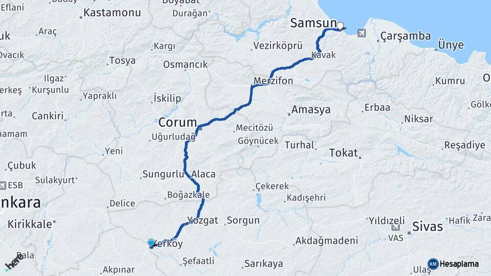 Yozgat Yerköy Samsun Arası Kaç Km - Yol Haritası