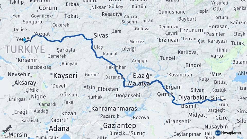 Yozgat Yerköy Siirt Arası Kaç Km - Yol Haritası