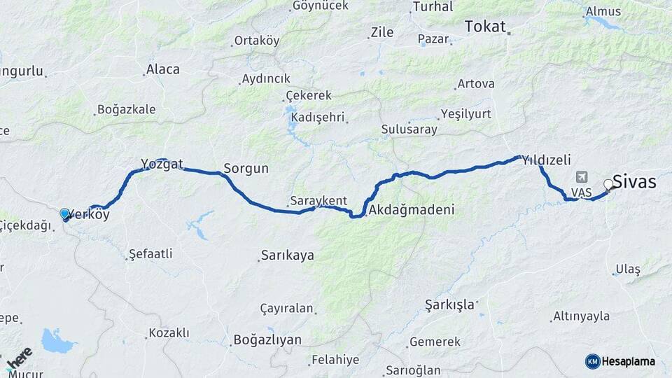 Yozgat Yerköy Sivas Arası Kaç Km - Yol Haritası