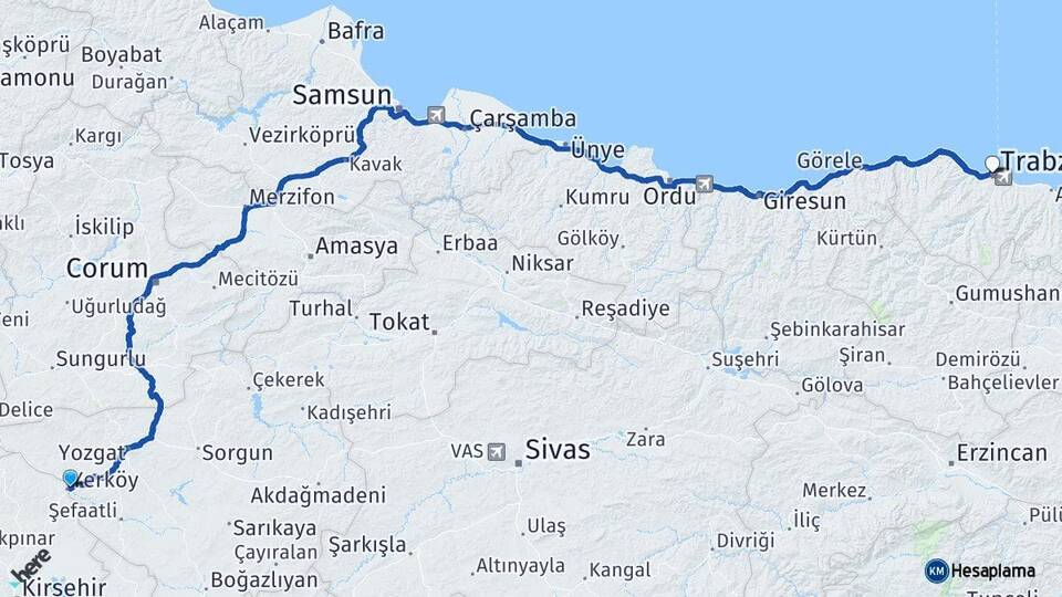Yozgat Yerköy Trabzon Arası Kaç Km - Yol Haritası