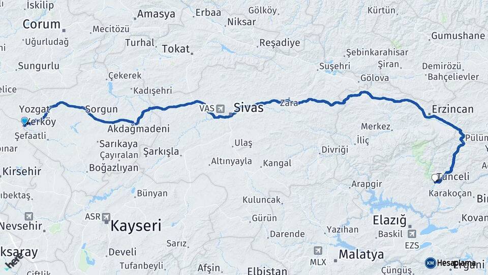 Yozgat Yerköy Tunceli Arası Kaç Km - Yol Haritası