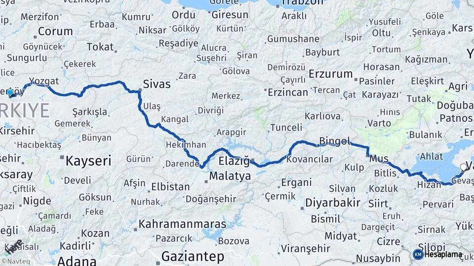 Yozgat Yerköy Van Arası Kaç Km - Yol Haritası