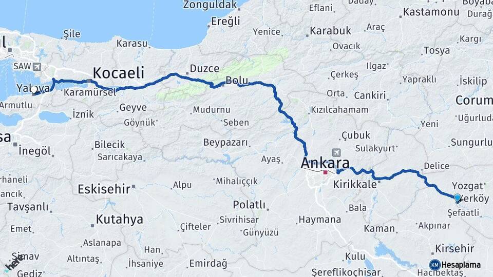 Yozgat Yerköy Yalova Arası Kaç Km - Yol Haritası