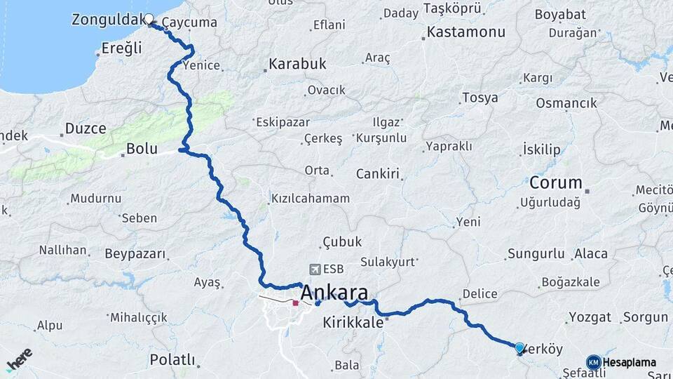 Yozgat Yerköy Zonguldak Arası Kaç Km - Yol Haritası