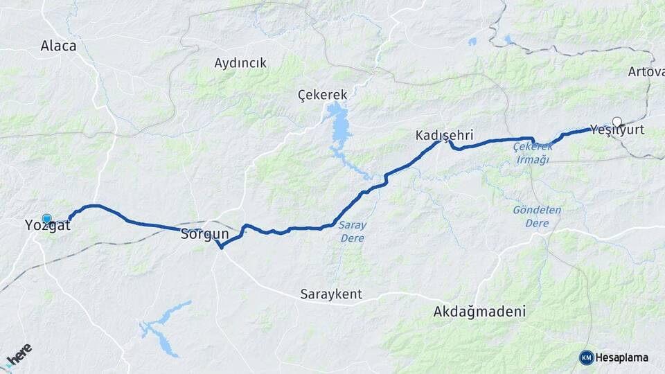 Yozgat Yeşilyurt Tokat Arası Kaç Km - Yol Haritası