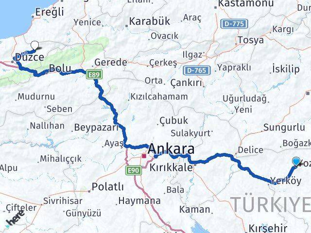 Yozgat Yığılca Düzce Arası Kaç Km - Yol Haritası