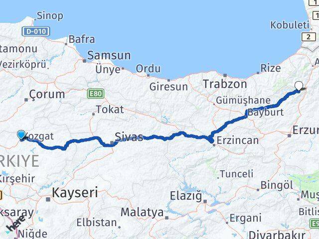 Yozgat Yusufeli Artvin Arası Kaç Km - Yol Haritası