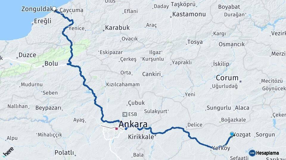 Yozgat Zonguldak Arası Kaç Km - Yol Haritası