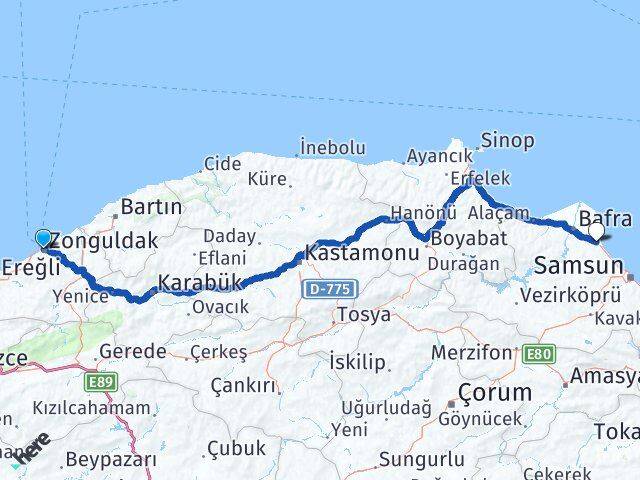 Zonguldak 19 Mayıs Samsun Arası Kaç Km - Yol Haritası
