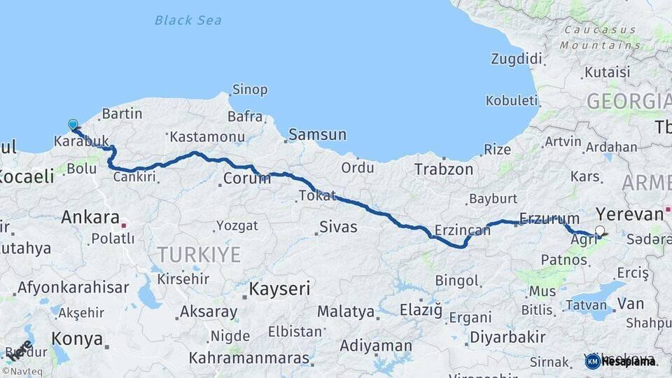 Zonguldak Ağrı Arası Kaç Km - Yol Haritası