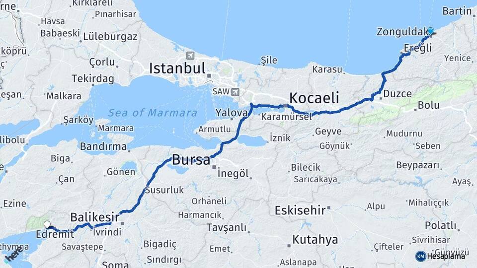 Zonguldak Akçay Edremit Balıkesir Arası Kaç Km - Yol Haritası