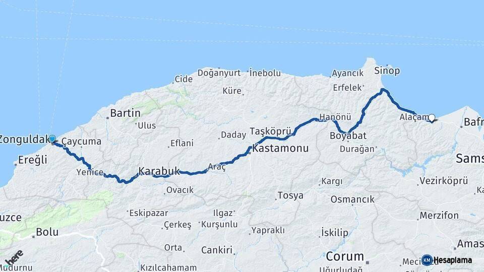 Zonguldak Alaçam Samsun Arası Kaç Km - Yol Haritası