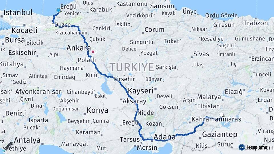 Zonguldak Alaplı Adıyaman Arası Kaç Km - Yol Haritası