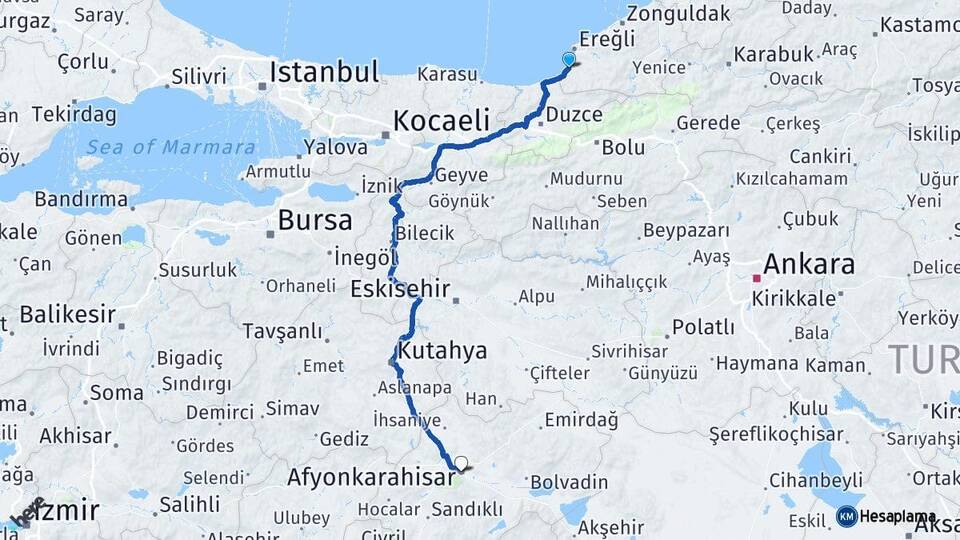 Zonguldak Alaplı Afyonkarahisar Arası Kaç Km - Yol Haritası