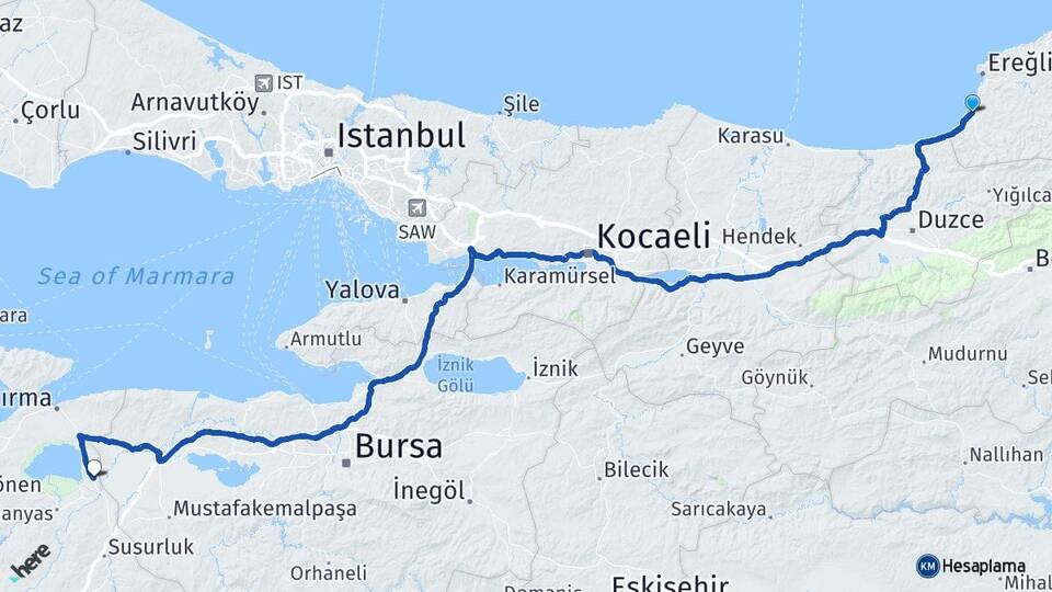 Zonguldak Alaplı Aksakal Bandırma Balıkesir Arası Kaç Km - Yol Haritası